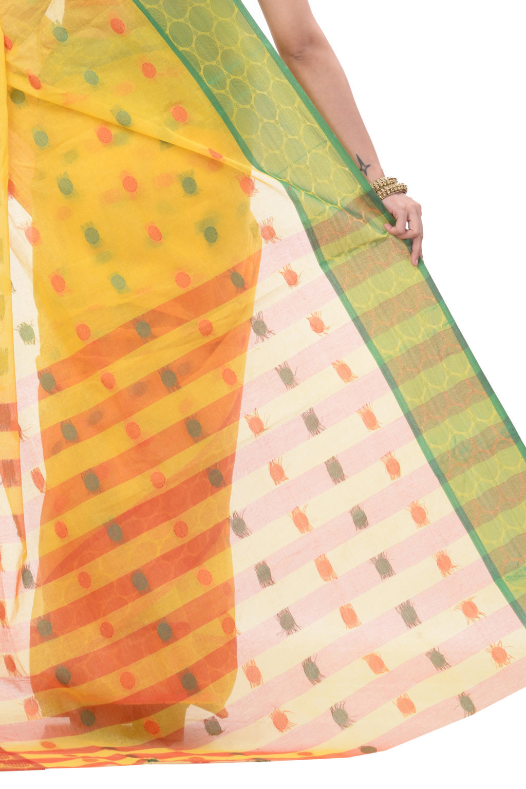 Yellow Pure Cotton Ganga Jamuna Tant Saree (366)
